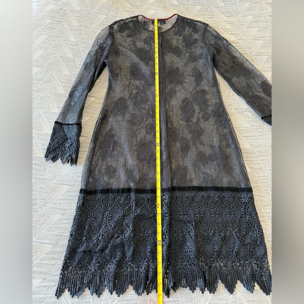 Sue Wong Nocturne Vintage 90s Black Lace Cardigan Jacket Coat Velvet Trim Sz M - Picture 13 of 13